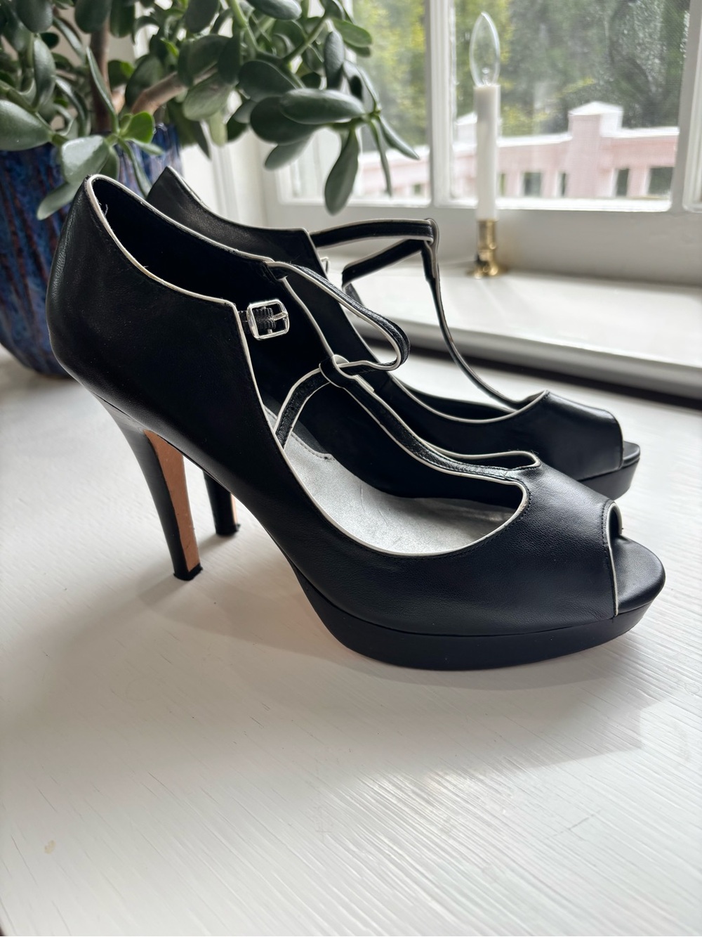 White House Black Market Black T-Strap Peep-Toe Heels